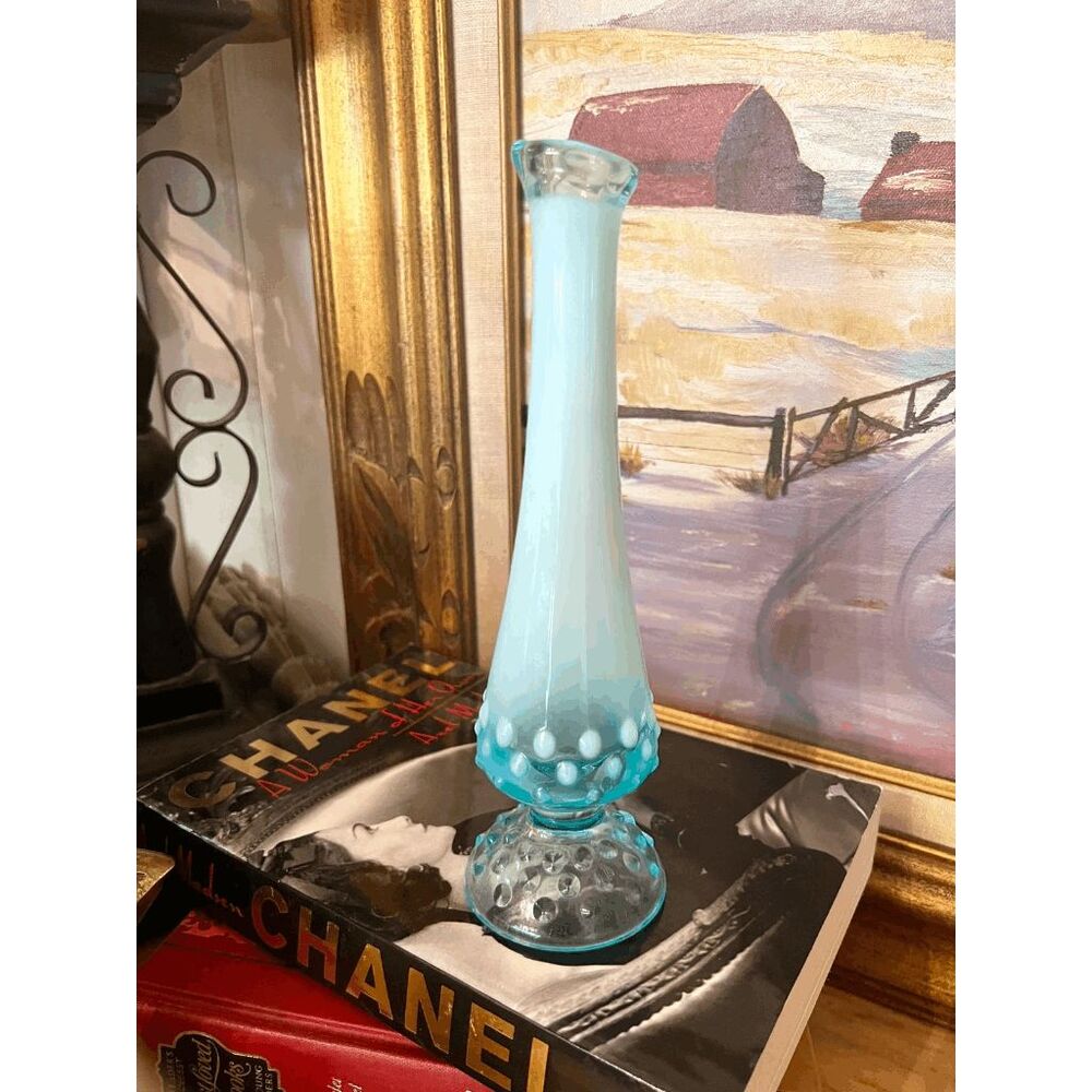 Vintage Fenton Blue Opalescent Hobnail Bud Vase — 8.5" Tall